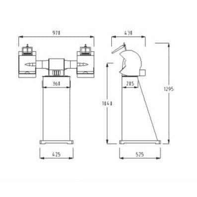 Chamois Industrial Pedestal Polisher technical line drawing with front and side dimensions in millimetres