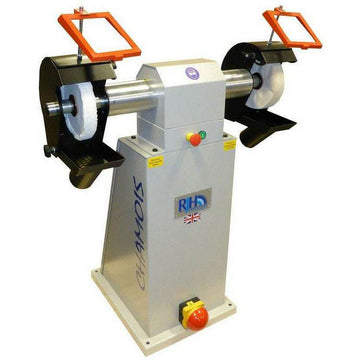 Chamois Industrial Pedestal Polisher in grey metal with twin white polishing mops, orange eye shields and guards