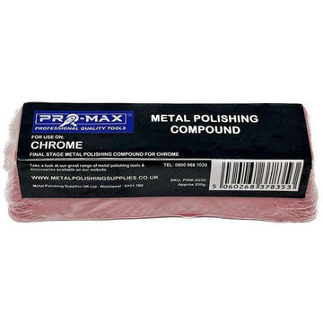 Chrome 250g Metal Polishing compound bar in pink, wrapped in branded packaging for final chrome finishing.