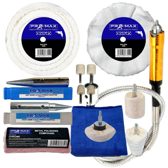 Chrome Bench Grinder metal polishing kit with white buffing wheels, spindle adapters, compounds, felts and flexi-drive shaft