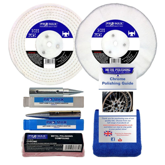 Chrome Bench Grinder metal polishing kit with white buffing wheels, spindle adapters, compound, cloth and guide