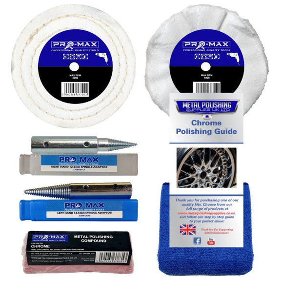 Chrome Bench Grinder metal polishing kit with white buffing wheels, spindle adapters, pink compound, cloth and guide
