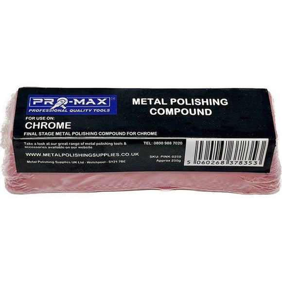 Chrome Bench Grinder pink metal polishing compound bar in Pro-Max branded packaging