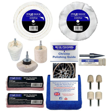 Drill Chrome Metal Polishing Kit with white stitched and soft buffing wheels, compounds, mops, felts and cloth