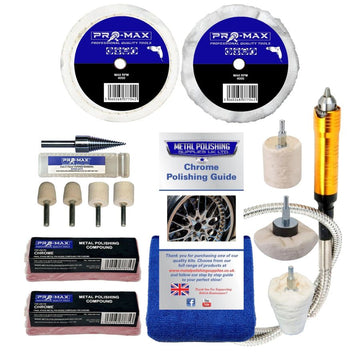 Chrome Metal Polishing Kit with white buffing wheels, polishing mops, compounds, mandrel and flex drive shaft