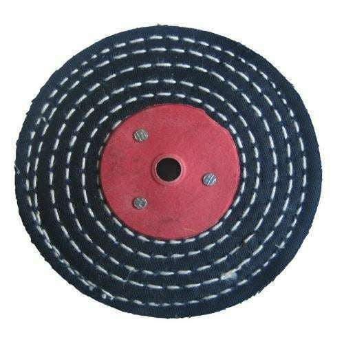 Colour Stitch black cotton polishing buffing wheel with stitched concentric rings and red metal centre hub