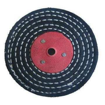 Colour Stitch metal polishing buffing wheel with black stitched cotton layers and red metal centre hub