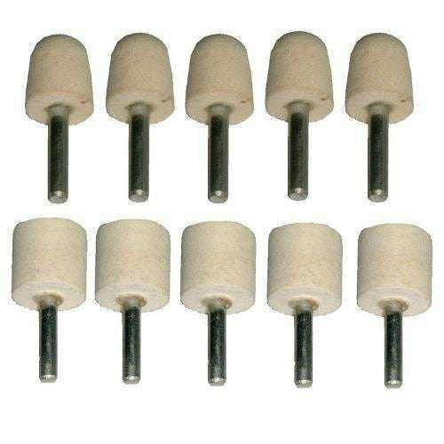 Conical And Cylinder Felt bob set, 10 cream felt polishing wheels with dark metal 6mm mounting shafts
