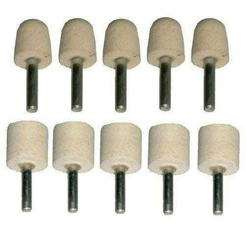 Conical And Cylinder Felt bob set, 10 cream felt polishing wheels with dark metal 6mm mounting shafts
