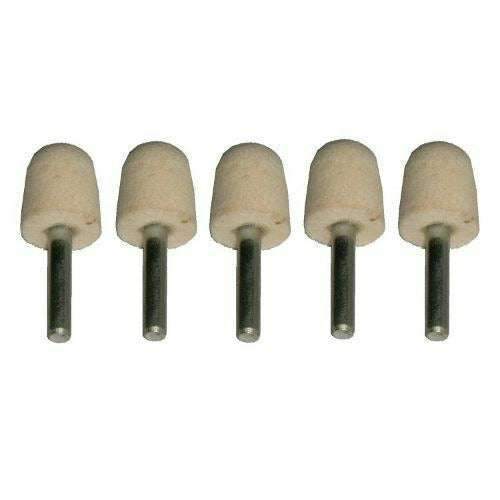Conical Felt Bob Set, five beige felt polishing bobs with black 6mm mounted metal spindles for detailed work