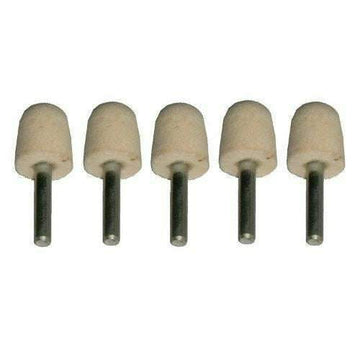 Conical Felt Bob Set, five beige felt polishing bobs with black 6mm mounted metal spindles for detailed work