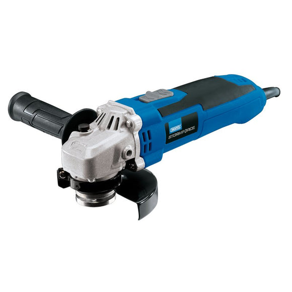 Draper 115mm 650W Angle Grinder with blue and black body, silver metal head, side handle and safety guard