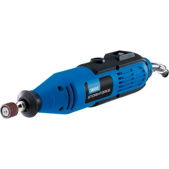 Draper 135W Rotary blue and black handheld hobby tool with a cylindrical sanding drum attachment
