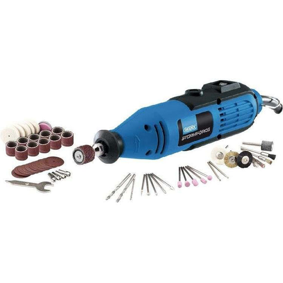 Draper 135W Rotary blue electric hobby tool with black detailing and assorted grinding, sanding and cutting accessories