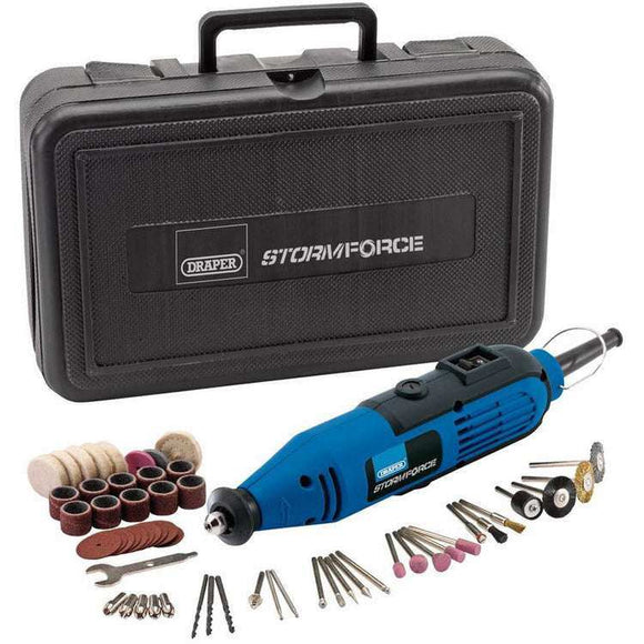 Draper 135W Rotary blue and black hobby tool with textured storage case and assorted accessory kit