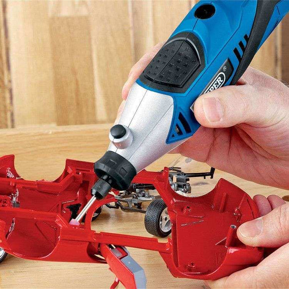 Draper 180W rotary hobby tool in blue and silver with black grip, shown with a fine bit for precision work