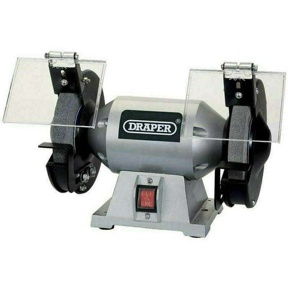 Draper 6" 250W Bench Grinder in grey metal with dual grinding wheels and clear eye shields