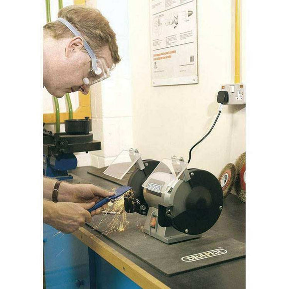 Draper 6" 250W bench grinder with grey housing, black wheel guards and adjustable eye shields