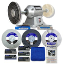 Draper 6" 250W Bench Grinder with silver housing, polishing wheels, compounds, cloth and metal polishing guide