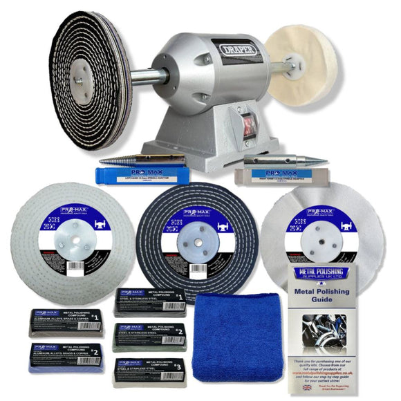 Draper 6" 250W Bench Grinder with silver housing, polishing wheels, compounds, cloth and metal polishing guide