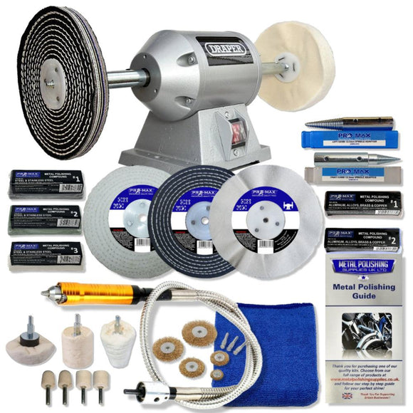 Draper 6" 250W Bench Grinder with silver housing, polishing wheels, compounds and flexi drive kit