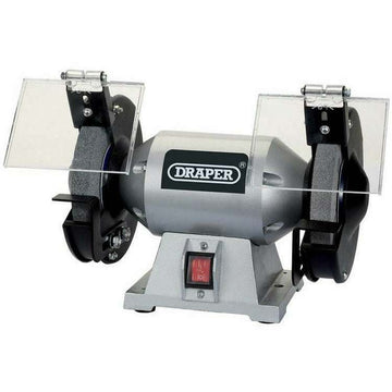 Draper 6" 250W bench grinder in grey metal with dual grinding wheels and clear eye shields
