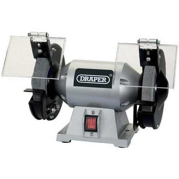 Draper 6" 250W bench grinder in grey metal with dual grinding wheels and clear eye shields