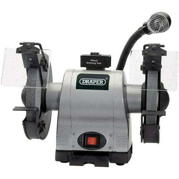 Draper 6" 370W Bench Grinder with a grey metal body, twin abrasive wheels, clear guards and flexible work light