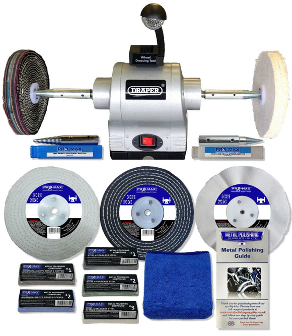Draper 6" 370W Bench Grinder in silver and black with polishing wheels, compounds and microfibre cloth