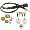 Draper 6" 370W Bench Grinder polishing kit with a black flexible drive shaft, wire brushes, mounted felt wheels and buffing wheels