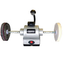 Draper 6" 370W Bench Grinder with silver metal housing, black LED work light and dual polishing wheels