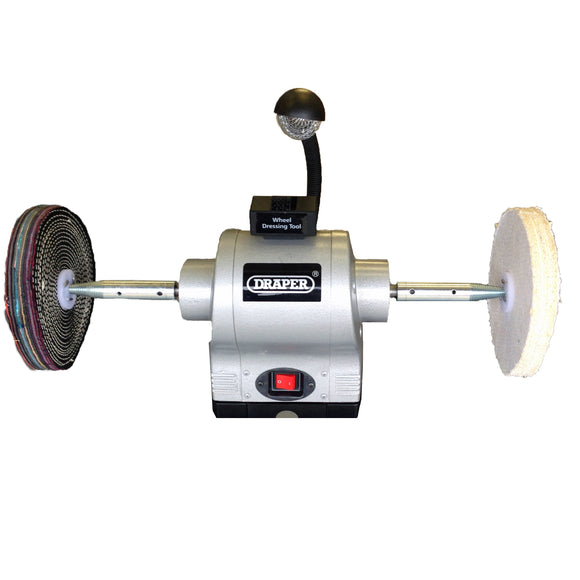 Draper 6" 370W Bench Grinder with silver metal housing, black LED work light and dual polishing wheels