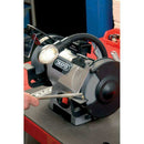 Draper 6" 370W bench grinder in grey and black metal, with two wheels, adjustable tool rests and work light