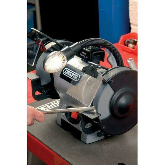 Draper 6" 370W bench grinder in grey and black metal, with two wheels, adjustable tool rests and work light