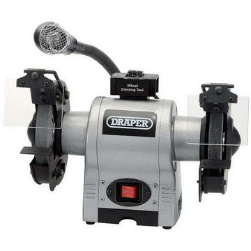 Draper 6" 370W bench grinder in grey metal with paired grinding wheels, protective shields and flexible work light
