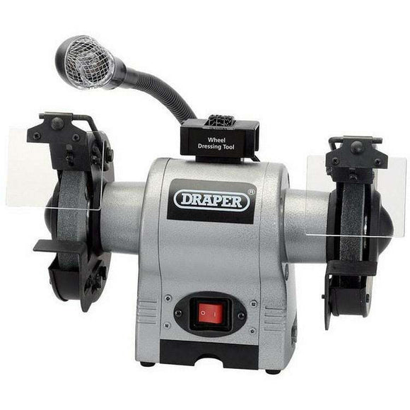Draper 6" 370W bench grinder in grey metal with paired grinding wheels, protective shields and flexible work light
