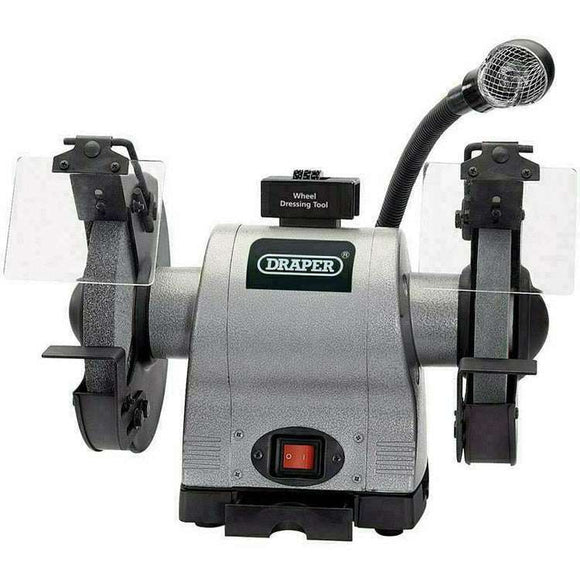 Draper 8" 550W Bench Grinder in grey metal with dual grinding wheels, clear shields and flexible LED work light