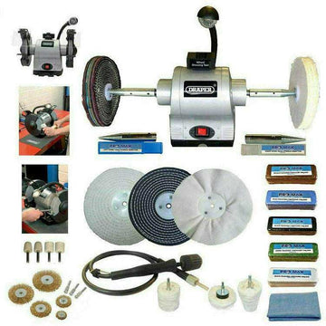 Draper 8" 550W bench grinder polisher with grey metal housing and 25-piece buffing kit included