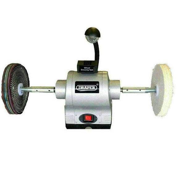 Draper 8" 550W Bench Grinder with silver metal body, LED work light, and sisal and polishing wheels