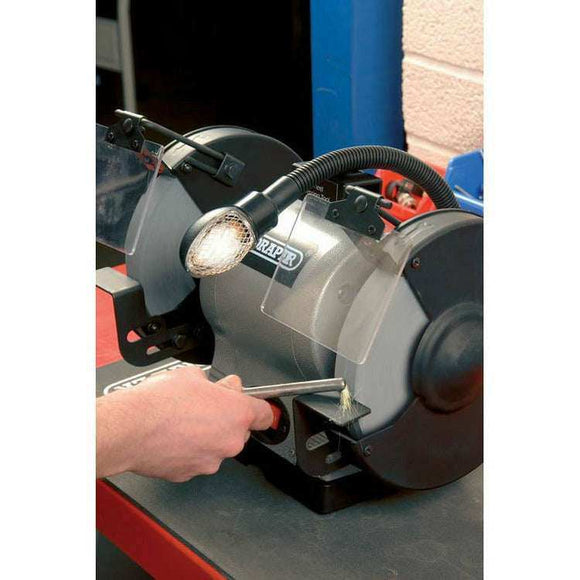 Draper 8" 550W Bench Grinder in grey metal with twin grinding wheels, work light and adjustable tool rests