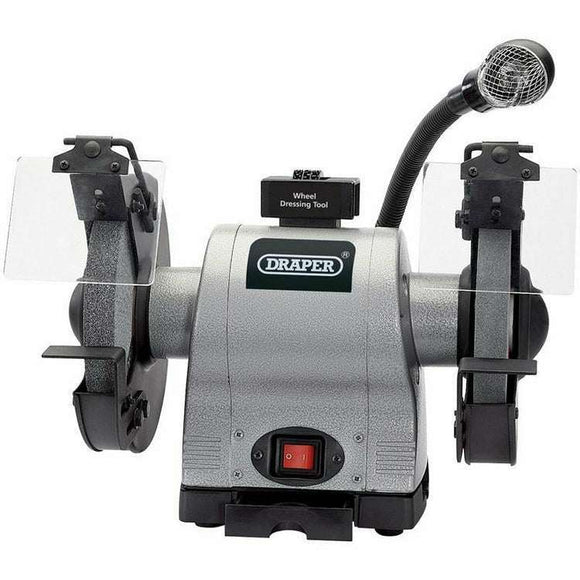 Draper 8" 550W Bench Grinder with twin grinding wheels, clear eye shields and adjustable tool rests