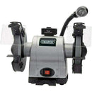 Draper 8" 550W bench grinder polisher in grey metal with twin wheels, guards, eye shields and work light