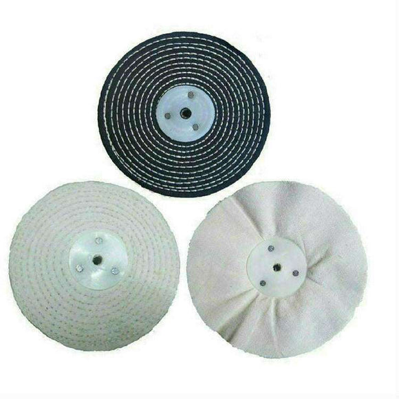 Draper 8" 550W polishing buffing wheels in black, white and grey fabric with metal centre hubs
