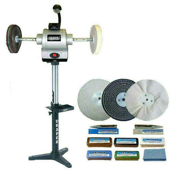 Draper Bench Grinder with silver metal body, black stand, work light, polishing wheels and compound bars