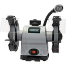 Draper Bench Grinder in grey metal with dual abrasive wheels, clear guards and adjustable work light