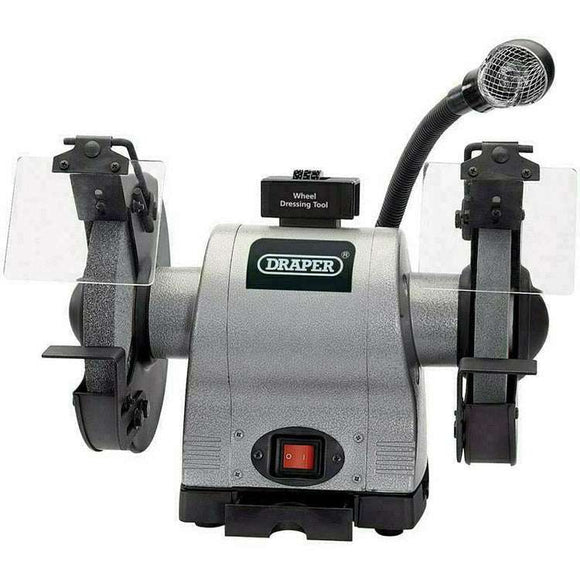 Draper Bench Grinder in grey metal with dual abrasive wheels, clear guards and adjustable work light