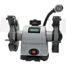 Draper Bench Grinder in grey metal with twin grinding wheels, clear eye shields and flexible work light