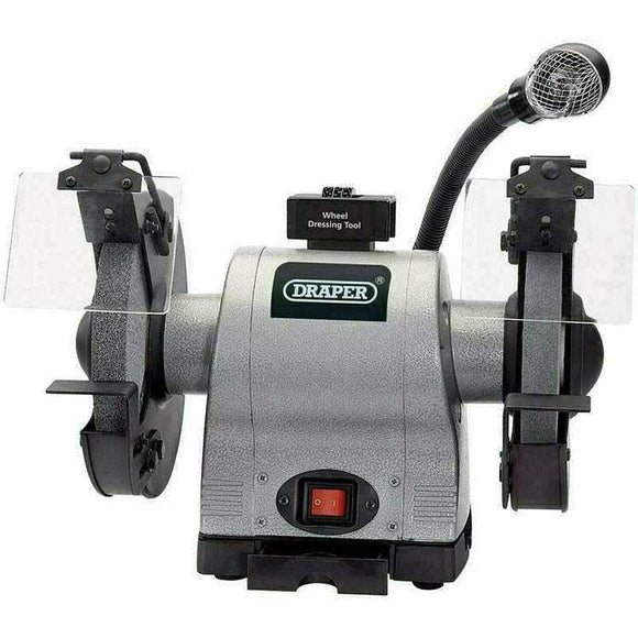 Draper Bench Grinder in grey metal with twin grinding wheels, clear eye shields and flexible work light