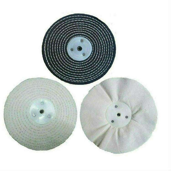 Draper Bench Grinder polishing kit with black sisal and two white fabric buffing wheels