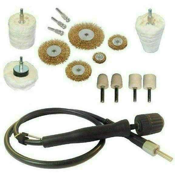 Draper Bench Grinder polishing kit with brass wire wheels, white buffing wheels, mounted felts and flexible drive shaft